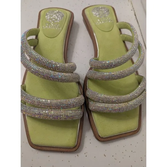 VINCE CAMUTO PEOMI SLIP-ON OPEN TOE MICROSUEDE SANDALS GREEN WOMEN'S SZ 8 M