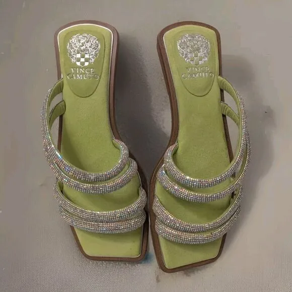 VINCE CAMUTO PEOMI SLIP-ON OPEN TOE MICROSUEDE SANDALS GREEN WOMEN'S SZ 8 M