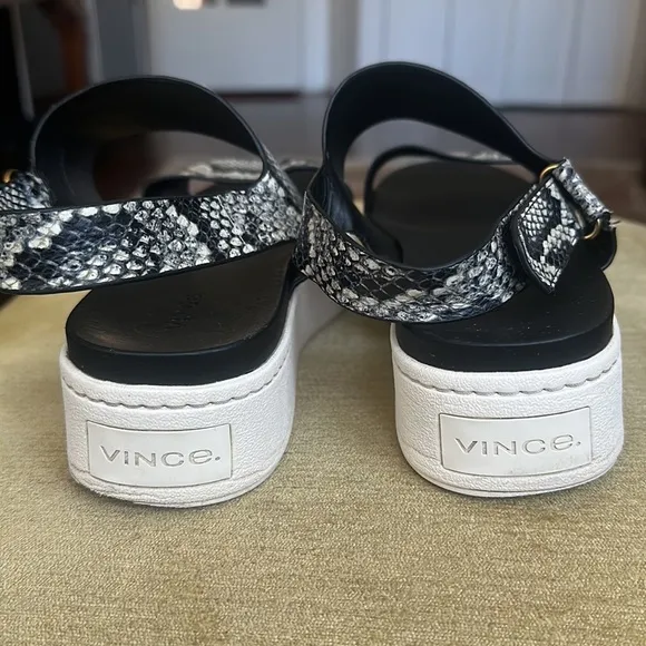VINCE. Womens Black Snake Platform Comfort Wedge Leather Slingback Sandals