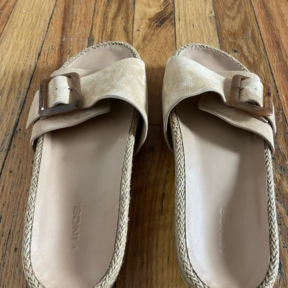 Vince Women's grant Tan suede big buckle Slide Sandals 8