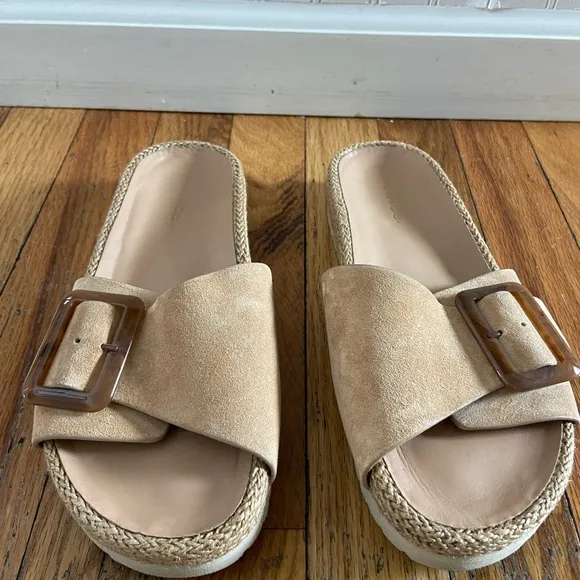 Vince Women's grant Tan suede big buckle Slide Sandals 8