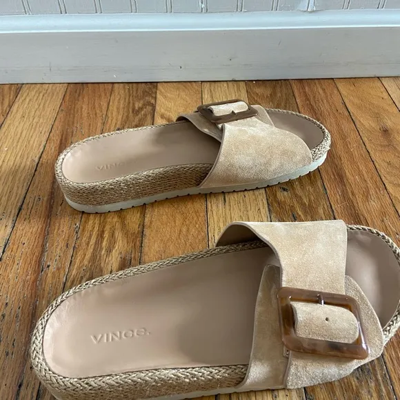 Vince Women's grant Tan suede big buckle Slide Sandals 8