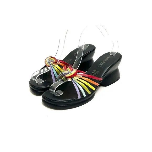 Vintage 1990s strappy rainbow vegan leather slip on chunky platform sandals