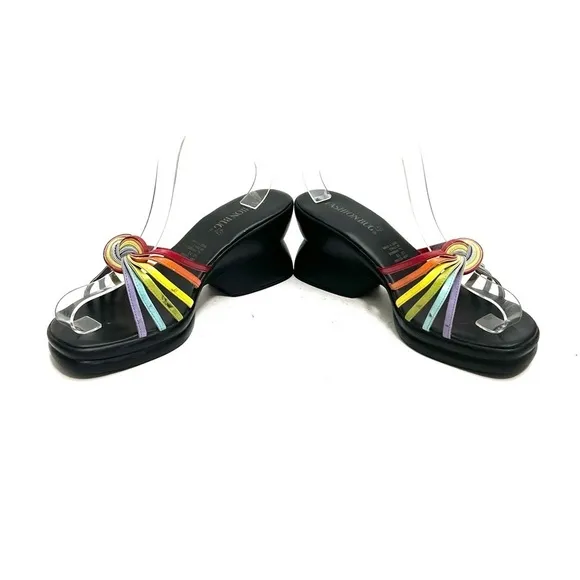 Vintage 1990s strappy rainbow vegan leather slip on chunky platform sandals