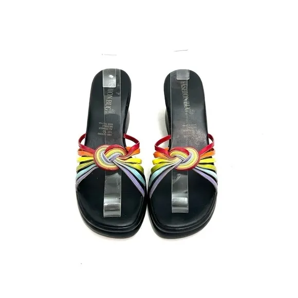 Vintage 1990s strappy rainbow vegan leather slip on chunky platform sandals