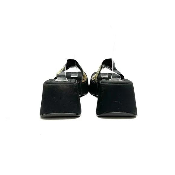 Vintage 1990s vegan black fabric paisley open toe platform wedge sandals