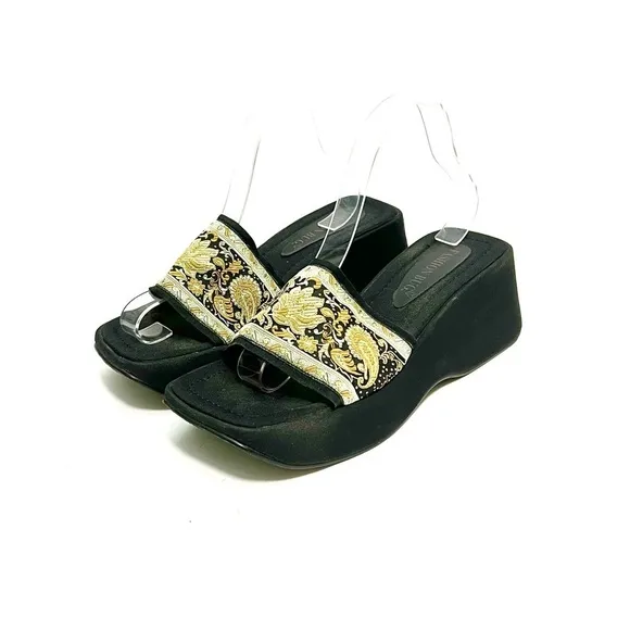 Vintage 1990s vegan black fabric paisley open toe platform wedge sandals
