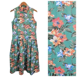 Vintage 90s GAP Cottagecore Cotton Floral Sleeveless Midi Dress Medium Green