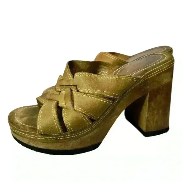 Vintage Candies Platform Sandals Sz 8.5 Brown Leather &amp; Wood Heel Y2k Boho 90s