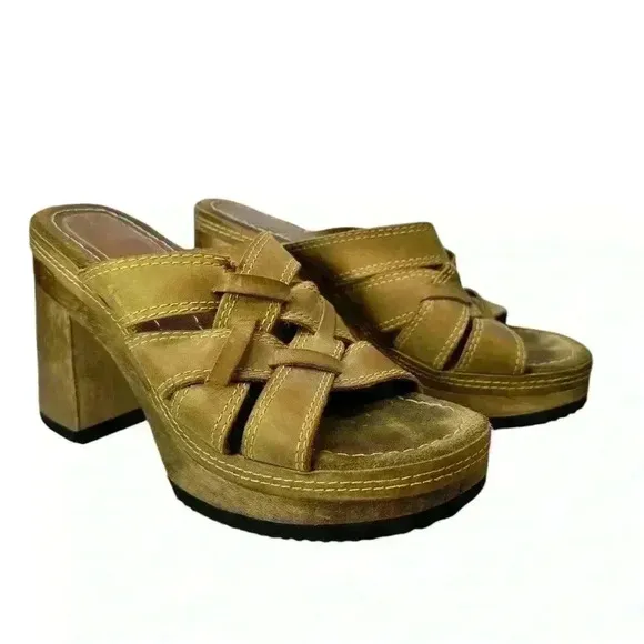 Vintage Candies Platform Sandals Sz 8.5 Brown Leather &amp; Wood Heel Y2k Boho 90s