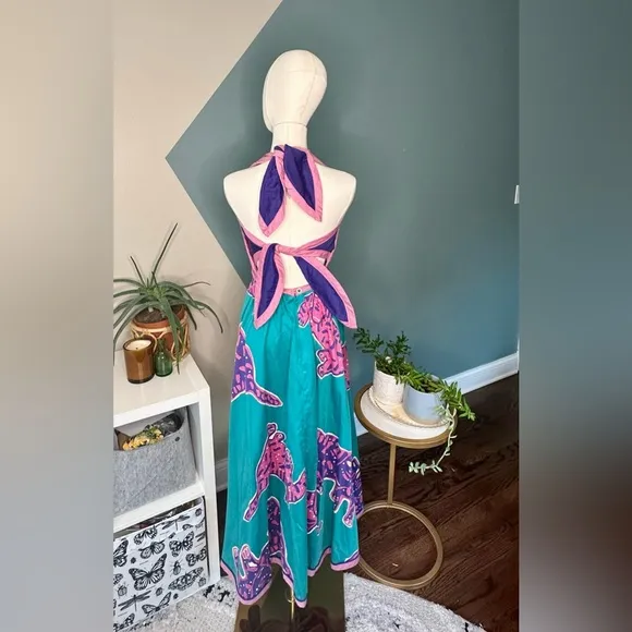 Vintage Jeanne Marc Cat Print Halter Dress 80s Festival Retro Y2K USA Made Sz S