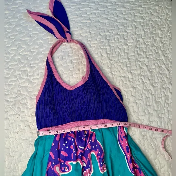 Vintage Jeanne Marc Cat Print Halter Dress 80s Festival Retro Y2K USA Made Sz S
