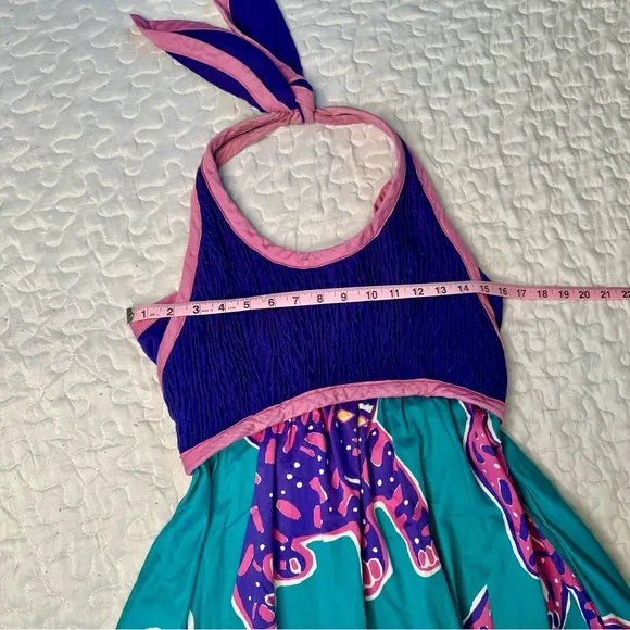 Vintage Jeanne Marc Cat Print Halter Dress 80s Festival Retro Y2K USA Made Sz S