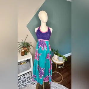 Vintage Jeanne Marc Cat Print Halter Dress 80s Festival Retro Y2K USA Made Sz S