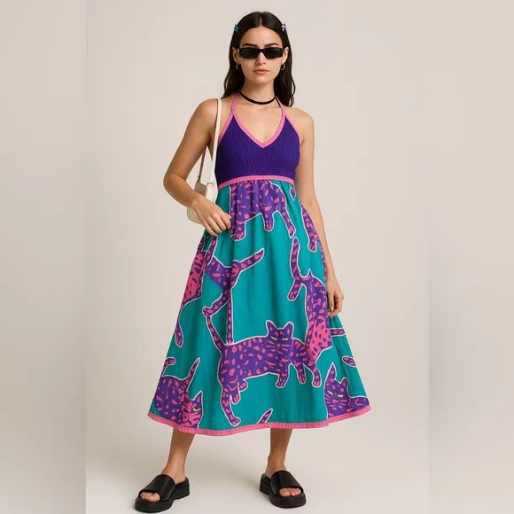 Vintage Jeanne Marc Cat Print Halter Dress 80s Festival Retro Y2K USA Made Sz S