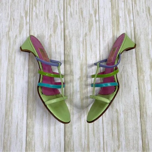 Vintage Lilly Pulitzer Leather Pink Green Blue Strappy Kitten Heel Sandals