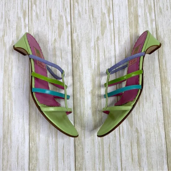 Vintage Lilly Pulitzer Leather Pink Green Blue Strappy Kitten Heel Sandals