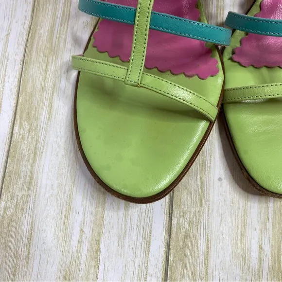 Vintage Lilly Pulitzer Leather Pink Green Blue Strappy Kitten Heel Sandals