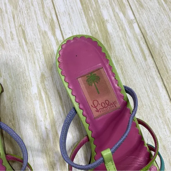 Vintage Lilly Pulitzer Leather Pink Green Blue Strappy Kitten Heel Sandals