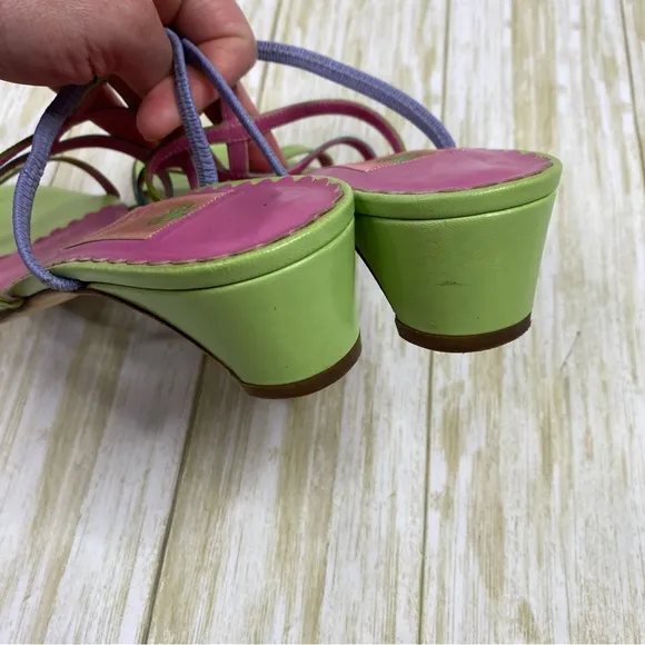 Vintage Lilly Pulitzer Leather Pink Green Blue Strappy Kitten Heel Sandals