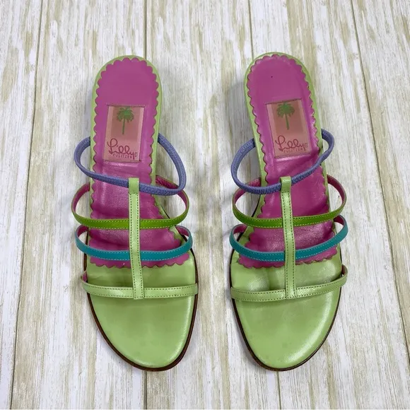 Vintage Lilly Pulitzer Leather Pink Green Blue Strappy Kitten Heel Sandals