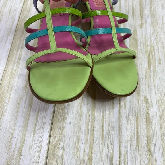 Vintage Lilly Pulitzer Leather Pink Green Blue Strappy Kitten Heel Sandals