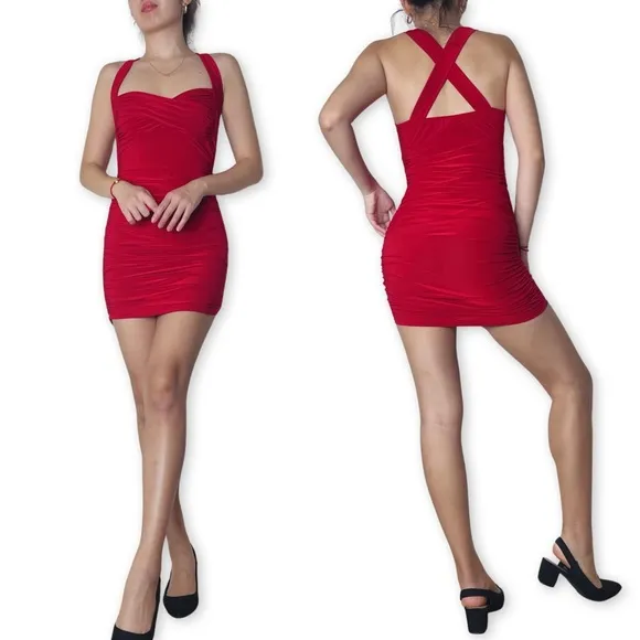 Vintage Red Ruched Bodycon Mini Dress Size S