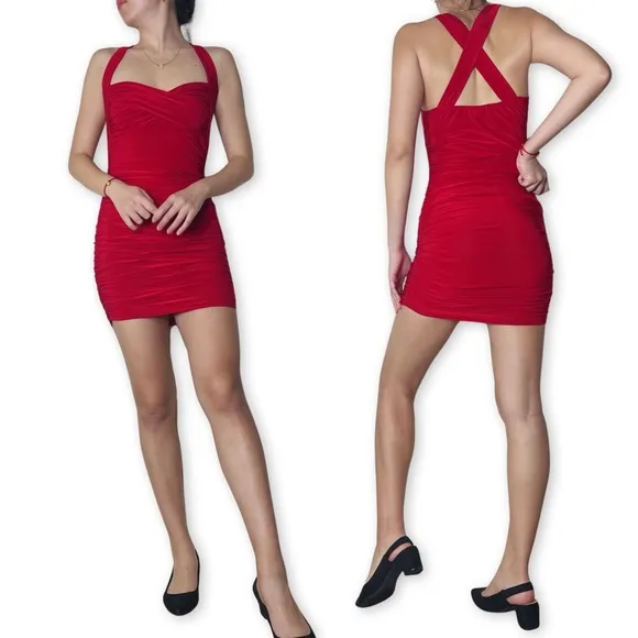 Vintage Red Ruched Bodycon Mini Dress Size S