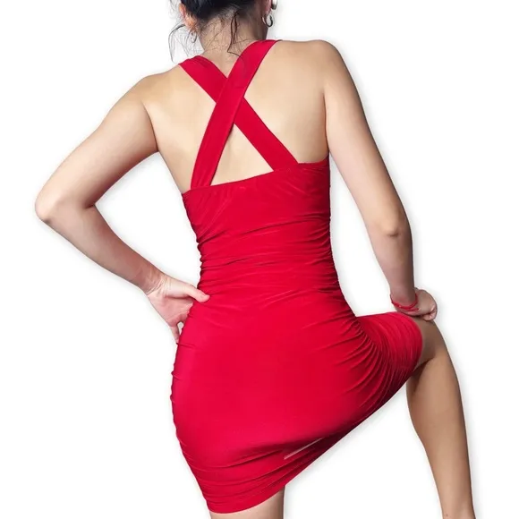 Vintage Red Ruched Bodycon Mini Dress Size S