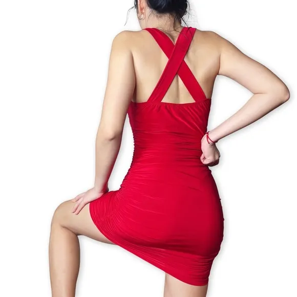 Vintage Red Ruched Bodycon Mini Dress Size S