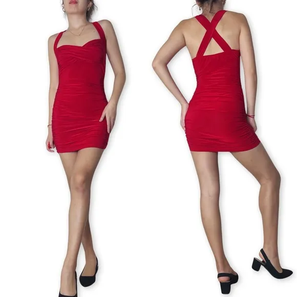 Vintage Red Ruched Bodycon Mini Dress Size S