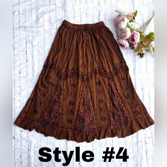 Vintage Vibe Brown Embroidered Long Skirt with Floral Patchwork