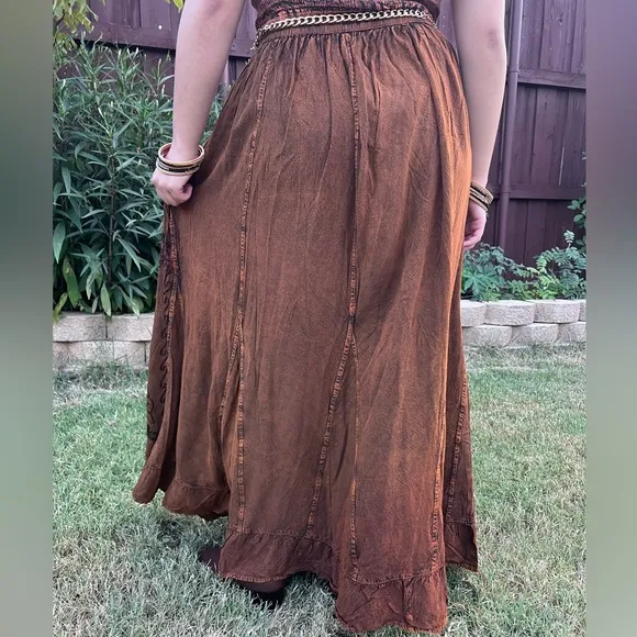 Vintage Vibe Brown Embroidered Long Skirt with Floral Patchwork