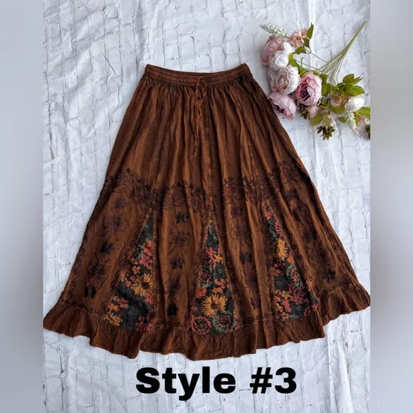 Vintage Vibe Brown Embroidered Long Skirt with Floral Patchwork