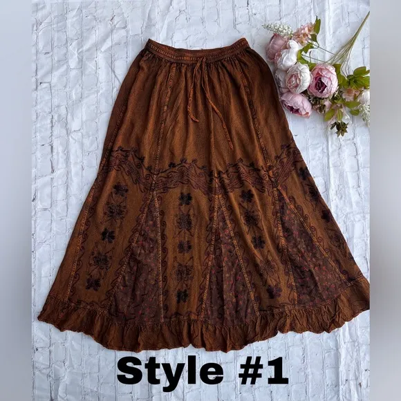 Vintage Vibe Brown Embroidered Long Skirt with Floral Patchwork