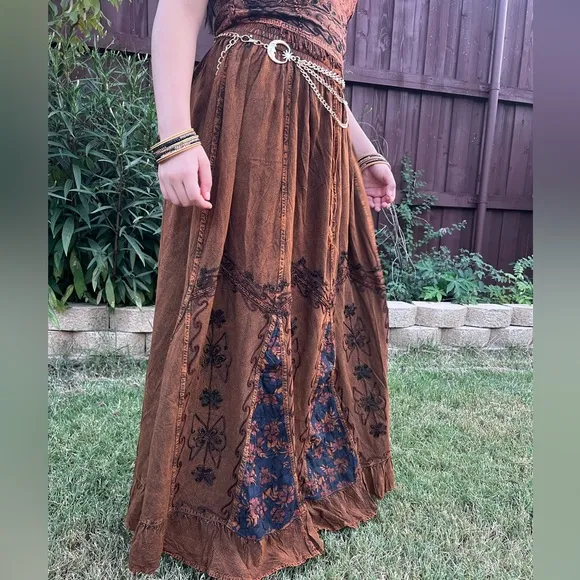 Vintage Vibe Brown Embroidered Long Skirt with Floral Patchwork