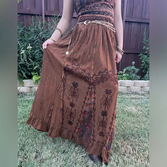 Vintage Vibe Brown Embroidered Long Skirt with Floral Patchwork