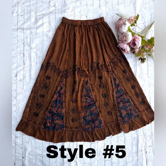 Vintage Vibe Brown Embroidered Long Skirt with Floral Patchwork