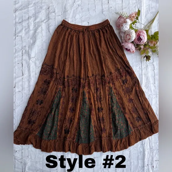 Vintage Vibe Brown Embroidered Long Skirt with Floral Patchwork