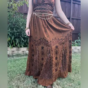 Vintage Vibe Brown Embroidered Long Skirt with Floral Patchwork