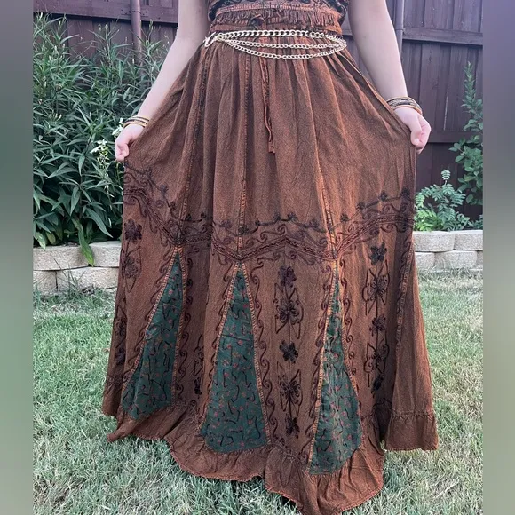 Vintage Vibe Brown Embroidered Long Skirt with Floral Patchwork