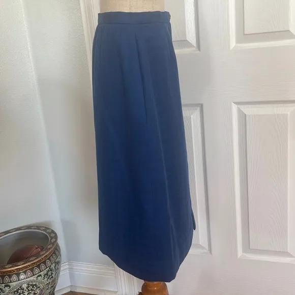 Vintage Wool lined skirt midi blue side pockets slit zipper button women size 10