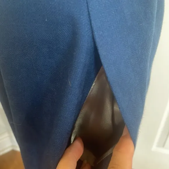 Vintage Wool lined skirt midi blue side pockets slit zipper button women size 10