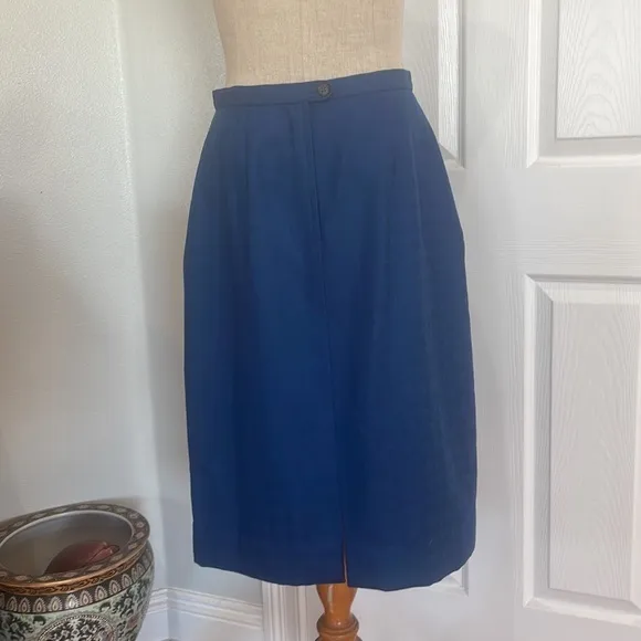 Vintage Wool lined skirt midi blue side pockets slit zipper button women size 10