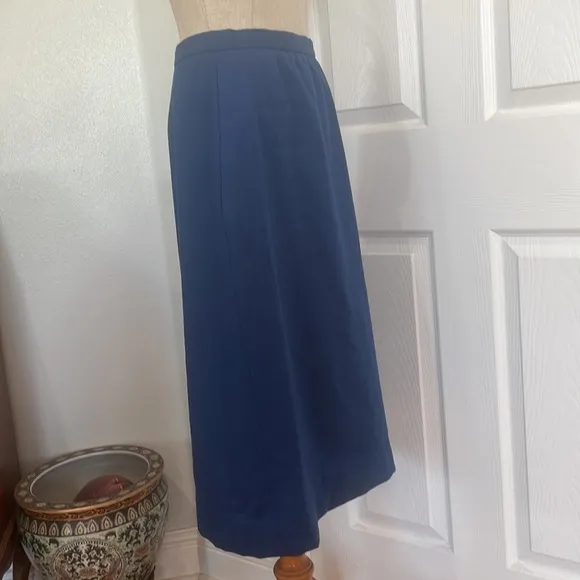 Vintage Wool lined skirt midi blue side pockets slit zipper button women size 10