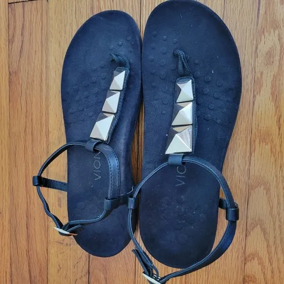 Vionic 7 Black Thong Sandals Leather Comfort Shoes NALA Summer Beach