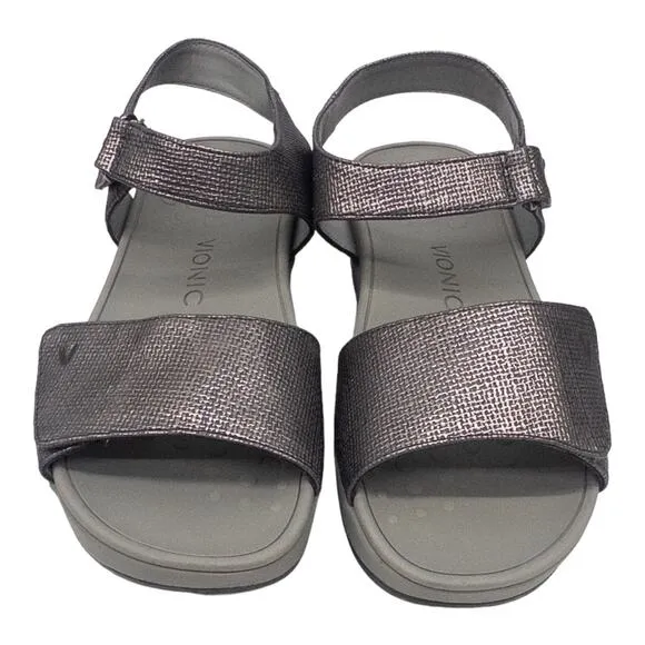 Vionic Adjustable Raz Metallic Gray Ankle Strap Orthopedic Sandals 6 Women's
