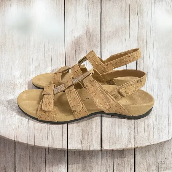 Vionic Amber Tan Gold Cork 3 Strap Adjustable Sandals Women's sz 8