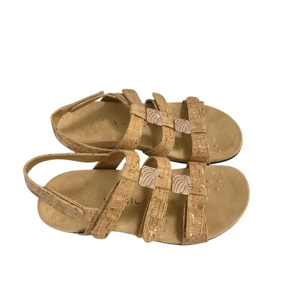 Vionic Amber Tan Gold Cork 3 Strap Adjustable Sandals Women's sz 8