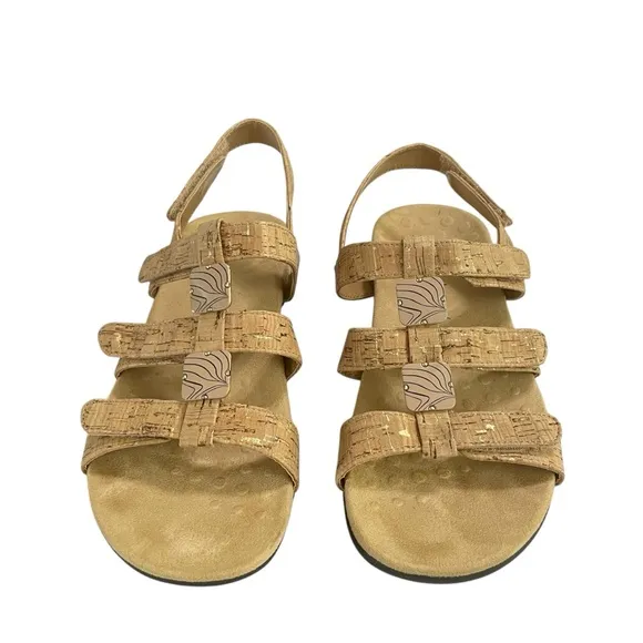 Vionic Amber Tan Gold Cork 3 Strap Adjustable Sandals Women's sz 8
